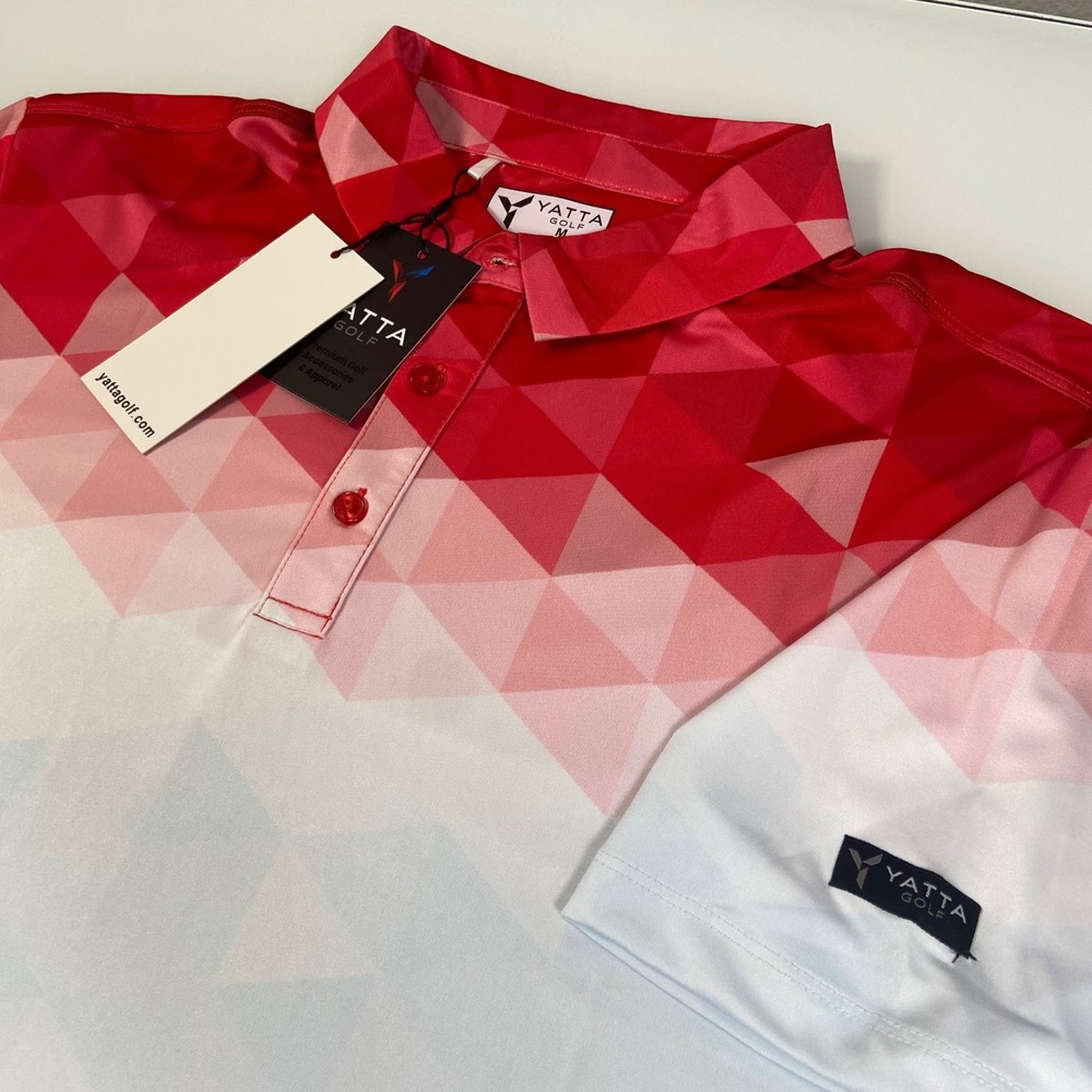 Yatta Golf Mens Medium Red White Blue US Open‎ Polo New Geometric Mosaic Stretch